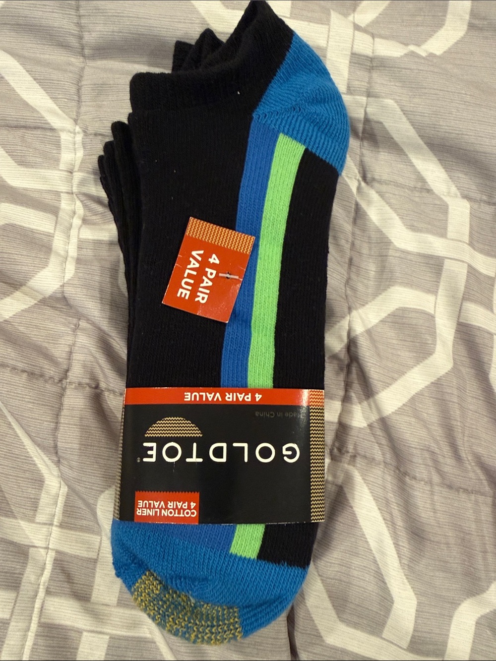 Gold Toe Black Low-Cut Athletic Socks with Blue Toe and Green Stripe - 4 Pair